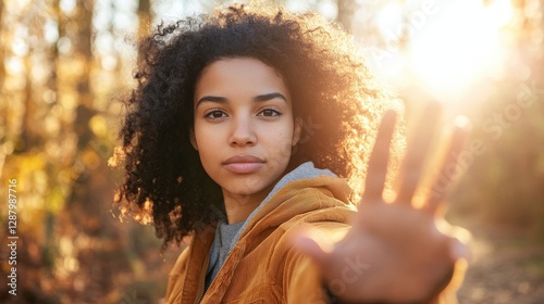 Young Woman Outdoors Extends Hand Showing Stop Gesture