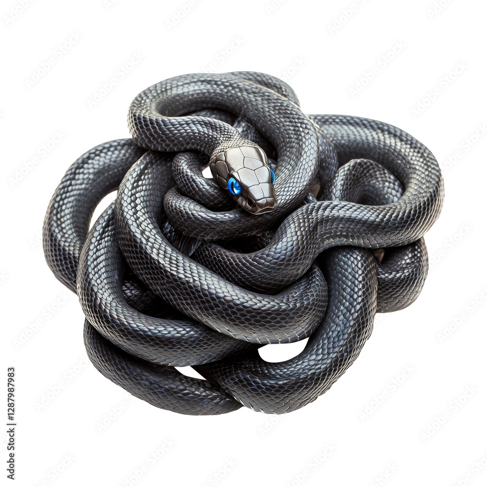 Obraz premium Coiled black snakes tightly intertwined, displaying glossy scales isolated on white transparent background, reptiles or wildlife, symbolizing Chinese Lunar New year