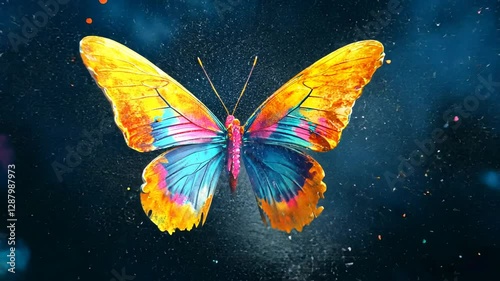 A vibrant, abstract painting of a butterfly with explosive, colorful splatters and liquid effects.