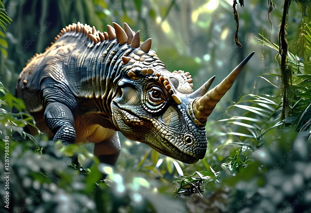 A horned dinosaur emerges from lush green foliage in a natural setting