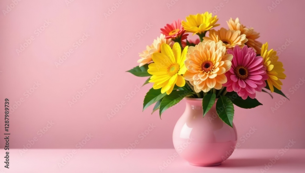 A colorful mix of yellow and pink flowers in a vase, pink, vase A colorful mix of yellow and pink flowers in a vase, pink, vase