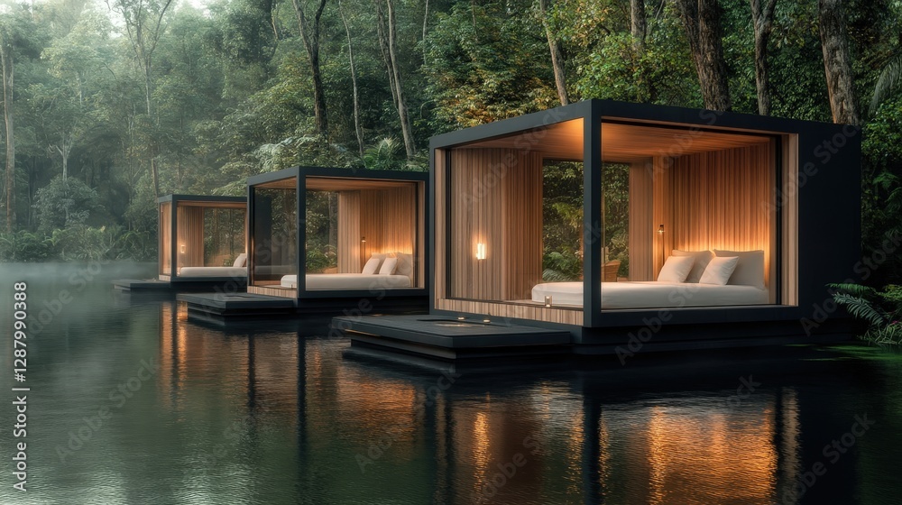 Modern Floating Cabins in Serene Forested Lake Setting Modern Floating Cabins in Serene Forested Lake Setting