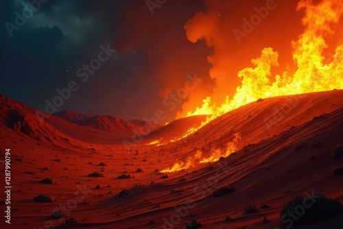 Burning desert landscape with flames engulfing a burning dune, molten, pyroclastic, desertfire photo