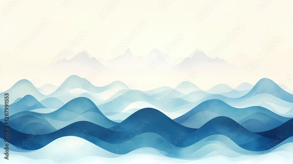Serene landscape painting. Soft blue hues create a misty mountain range, evoking tranquility and peace. Serene landscape painting. Soft blue hues create a misty mountain range, evoking tranquility and peace.