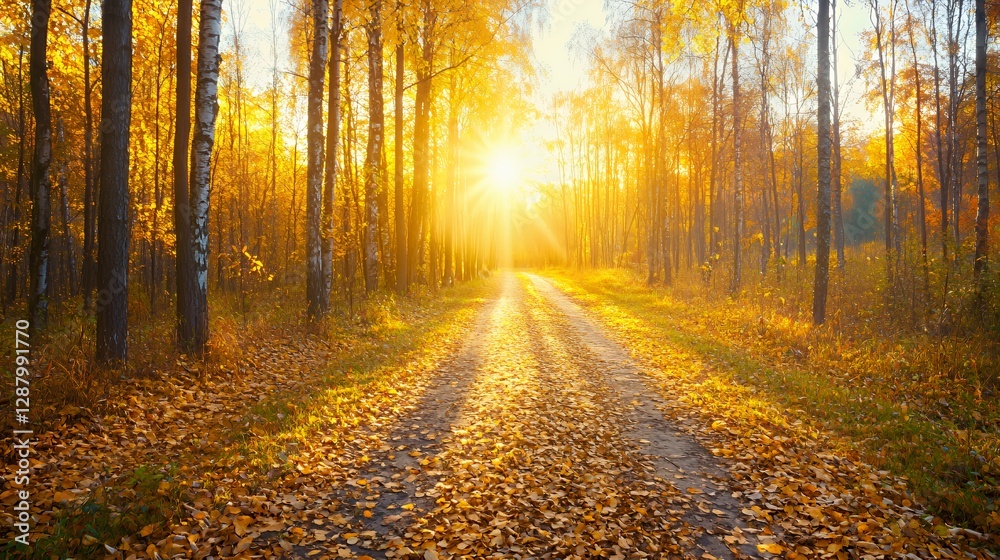 Obraz premium Autumn Forest Path at Sunrise with Golden Sunlight