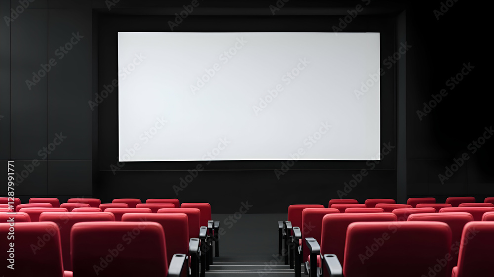 Fototapeta premium Empty Red Seats in a Dark Movie Theater with a Blank White Screen