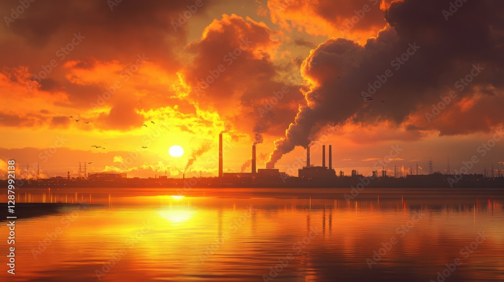 Dramatic Sunset Over Industrial Plant with Pollution and Smoke Stacks Dramatic Sunset Over Industrial Plant with Pollution and Smoke Stacks