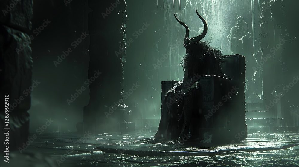 Obraz premium A powerful demon king sits on an ancient stone throne in a vast, empty chamber, his face hidden in shadows. The air is cold and heavy with silence, broken only by the distant sound of dripping 