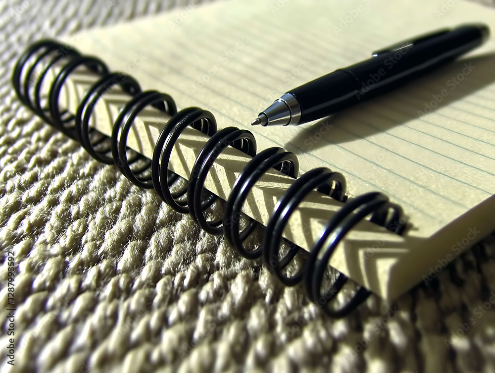 Closeup of a spiral notebook and pen resting on a textured surface.  The image evokes concepts of writing, planning, and ideas. Perfect for business, education, or productivity themes.