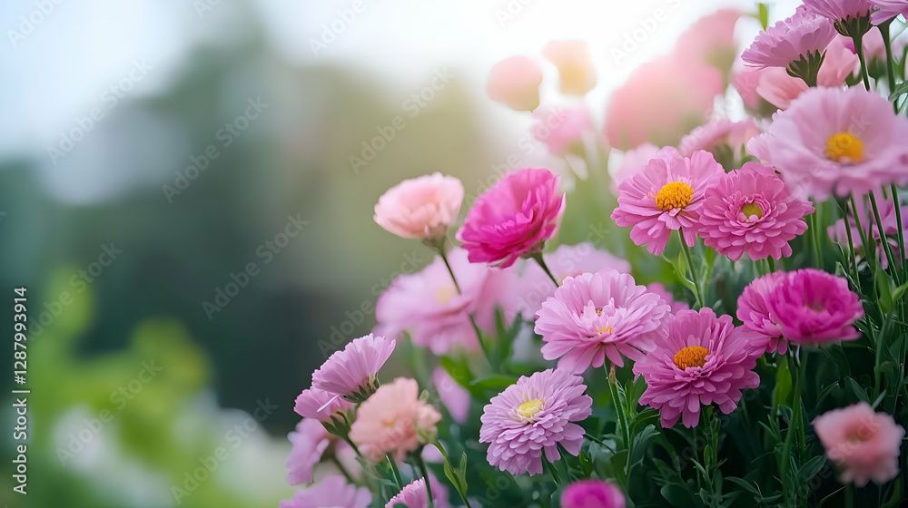 Pink Cosmos Flowers in Sunlight Garden Pink Cosmos Flowers in Sunlight Garden