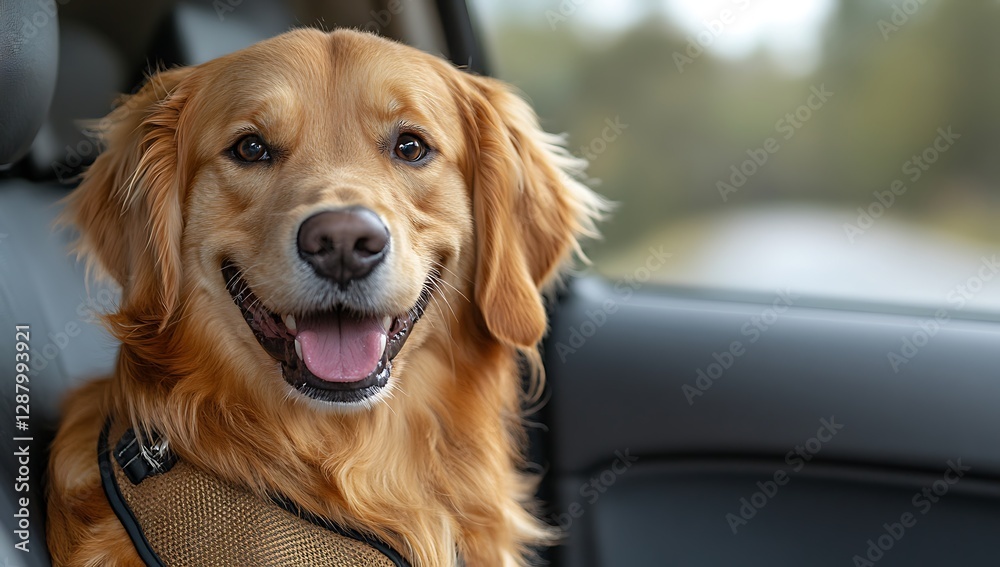 Obraz premium Happy Golden Retriever in Car Seat, Ready for Adventure