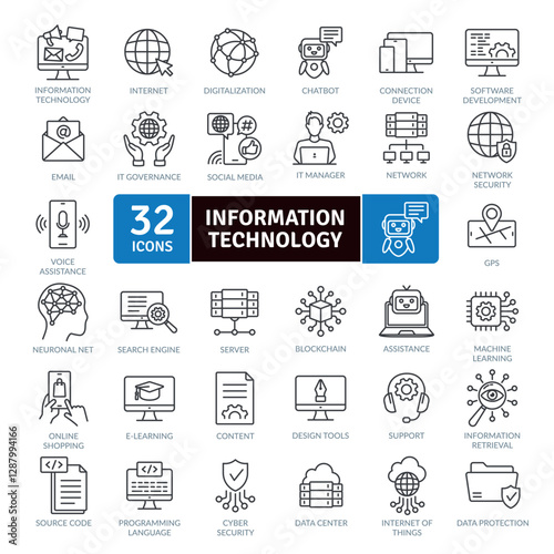 Information Technology icon pack. Icon set dedicated to information management through technology such as big data, data protection and digitization.