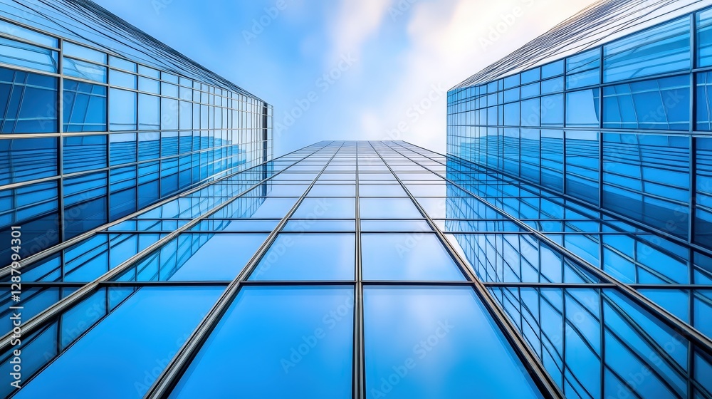 Obraz premium Stunning View of Skyscrapers Reaching Towards Bright Blue Sky