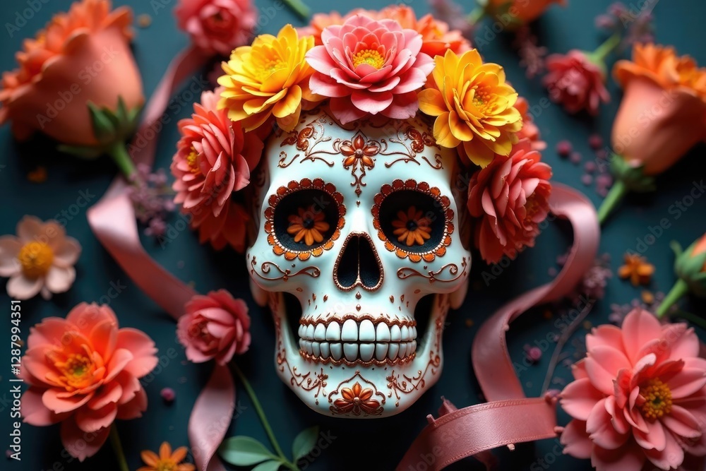 Marigold bouquet surrounding a sugar skull with delicate ribbons and lace, elegant, decorations Marigold bouquet surrounding a sugar skull with delicate ribbons and lace, elegant, decorations