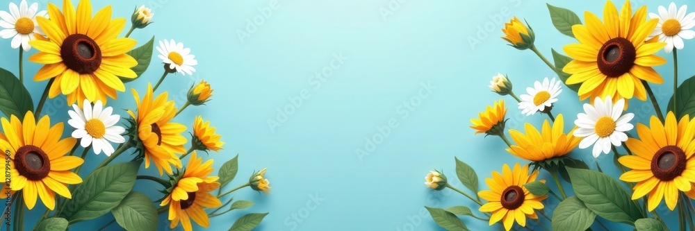 Obraz premium Floral pattern with sunflowers and daisies on a pastel blue background, interior design, blooming flowers