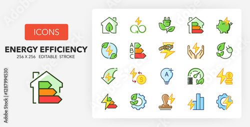 Line icons about energy efficiency and saving. Contains such icons as eco home, Aplus class, energetic trasition and more. 256x256 Pixel Perfect editable in colors