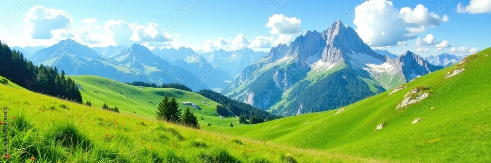Rolling green hills and rugged mountain peaks meet amidst a picturesque meadow under clear blue sky, rolling hills, mountainous terrain, alpine flora Rolling green hills and rugged mountain peaks meet amidst a picturesque meadow under clear blue sky, rolling hills, mountainous terrain, alpine flora