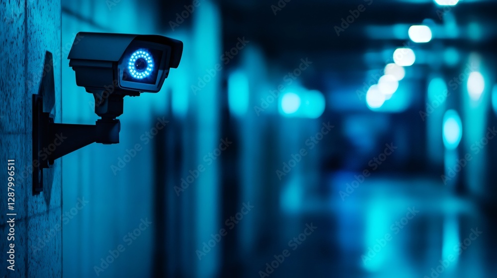 Security camera monitoring empty corridor with blue lights Security camera monitoring empty corridor with blue lights