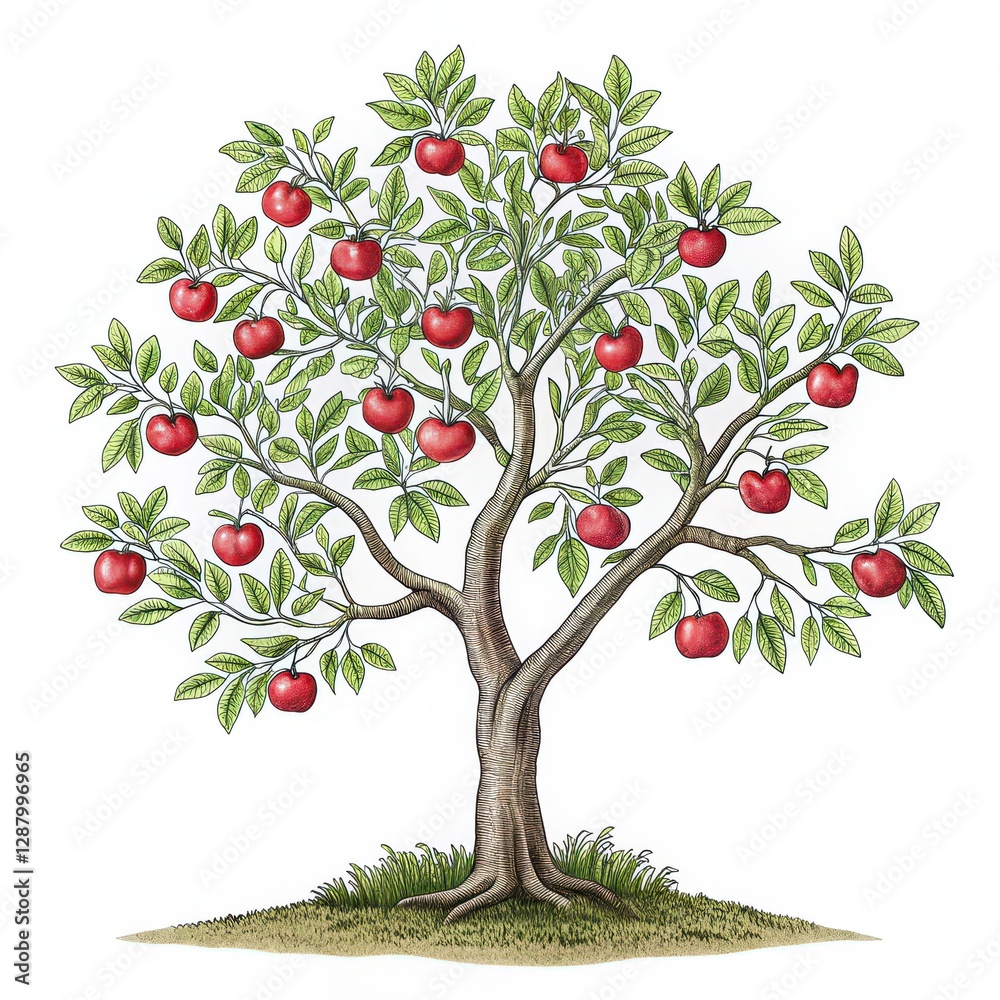 Fototapeta premium A vibrant apple tree laden with red fruit, showcasing lush green leaves and a sturdy trunk, set against a simple white background.