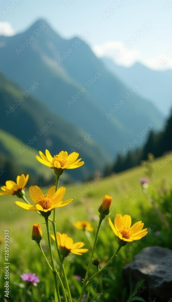 Fototapeta premium Soft petals of yellow wildflowers swaying gently in the mountain breeze, nature, flowers, blooming