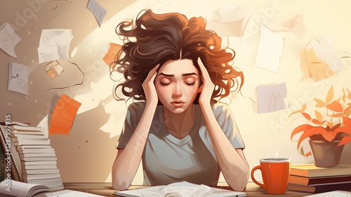 A stressed young woman with a laptop and books studies at a desk on isolated background, holding her head in frustration, surrounded by notes and coffee cups