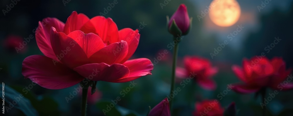 Fototapeta premium Velvety red petals unfolding in a moonlit garden, glowing, red, floral