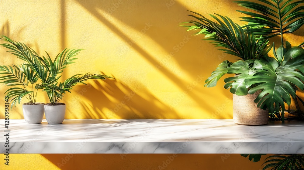 Obraz premium Sunlit marble shelf with tropical plants against yellow wall.