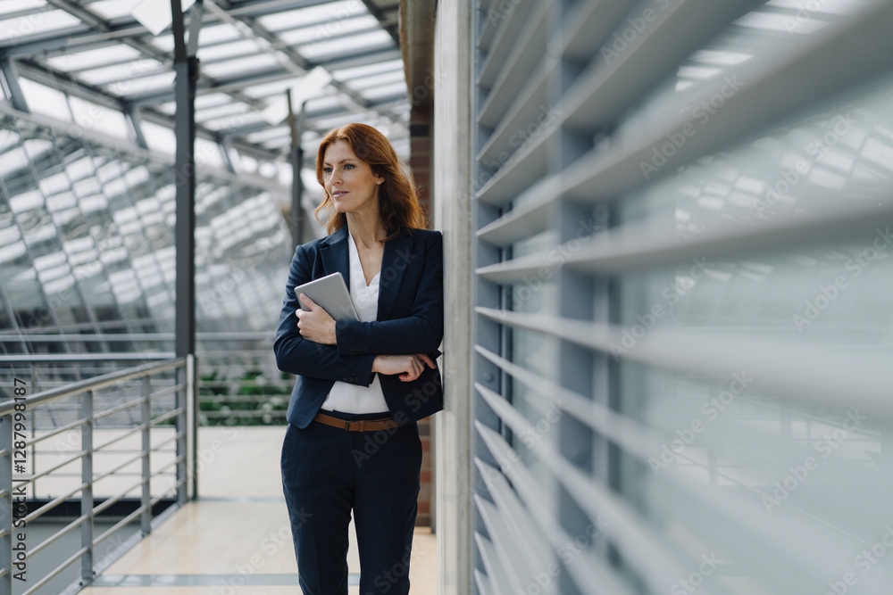 Confident businesswoman holding a tablet in a modern office building Confident businesswoman holding a tablet in a modern office building