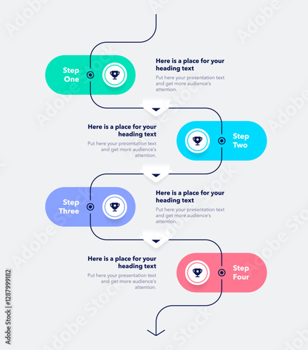 Vertical process flow chart with four colorful steps and a place for your text. Simple infographic design with icons and curved thin line for workflow layout, banner or web design.