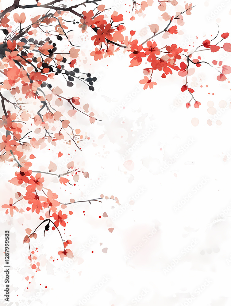 Delicate watercolor painting of a blossoming branch, showcasing soft pink and red flowers against a white background. A serene and elegant floral design. Delicate watercolor painting of a blossoming branch, showcasing soft pink and red flowers against a white background. A serene and elegant floral design.