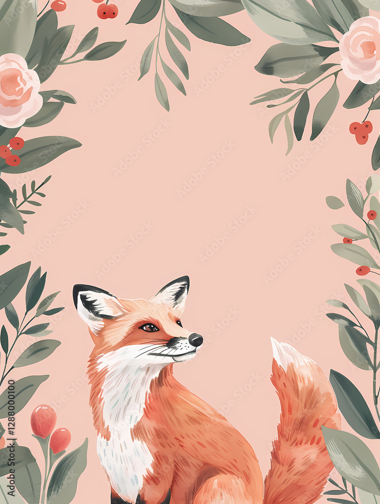 Fototapeta premium Charming fox surrounded by delicate flowers in a blush-toned illustration. Perfect for nature lovers and whimsical designs.