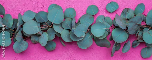 On a pale pink background, a flat lay of eucalyptus leaves and branches creates a pattern, viewed from the top and including empty space for use as a banner