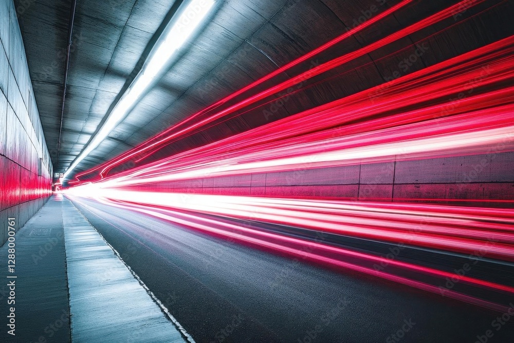 high-speed light trails through urban tunnel, creating dynamic streaks of red and white light against concrete architecture in long exposure