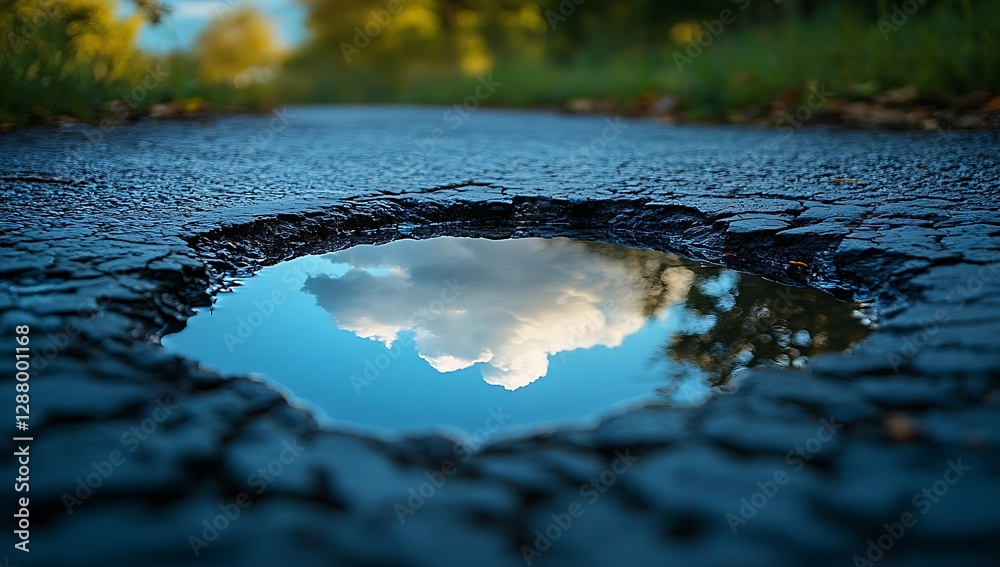 Fototapeta premium A pothole puddle reflecting a beautiful summer sky