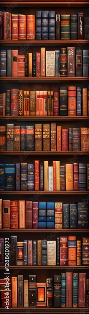 Naklejka premium A tall bookshelf filled with a variety of colorful, antique books, showcasing a rich collection of literature and a warm, inviting ambiance.