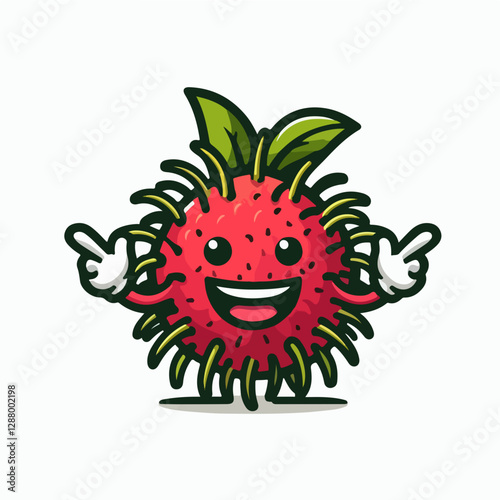 Rambutan Mascot: A cheerful rambutan fruit character with a vibrant red skin, fuzzy hairs, and a big smile, spreading positivity and deliciousness with its inviting pose.