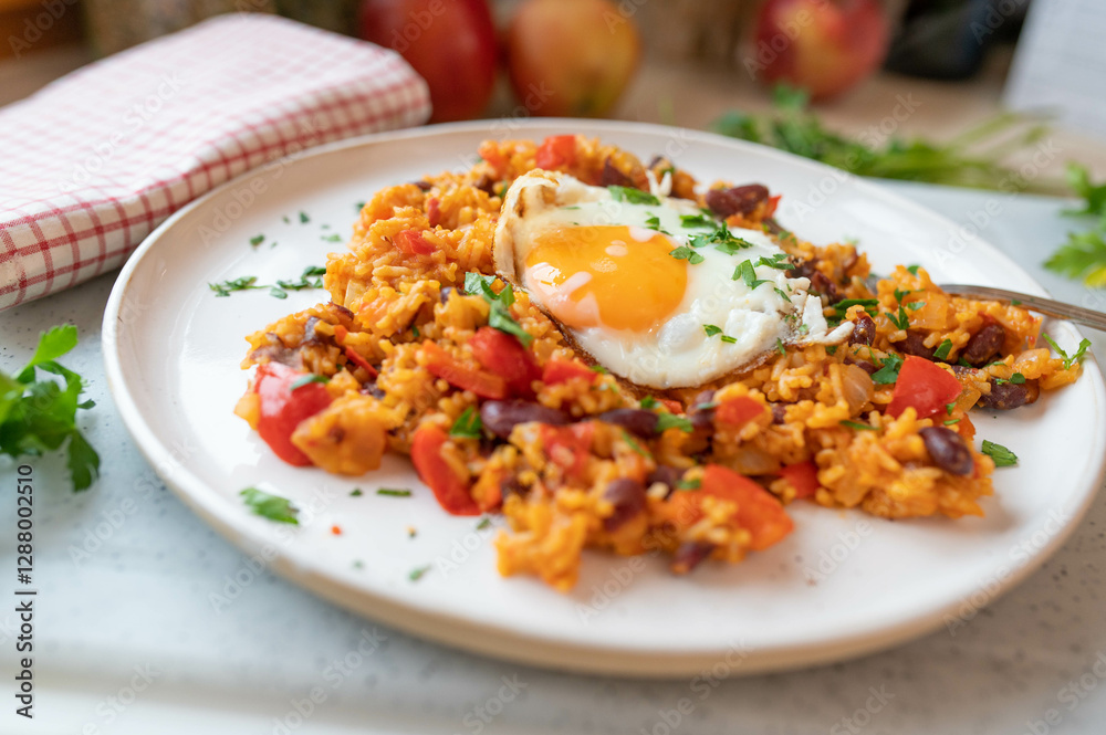 Spicy vegetables rice and bean dish with fried egg fresh and homemade cooked. Healthy gluten free and vegetarian food Spicy vegetables rice and bean dish with fried egg fresh and homemade cooked. Healthy gluten free and vegetarian food