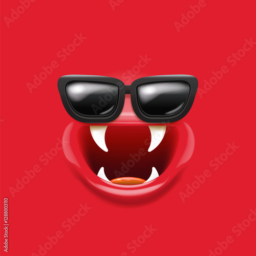 Vector Cartoon red monster face with black vintage sunglasses, open mouth, fangs. Monster banner,sticker,poster, background, label. Vector monster