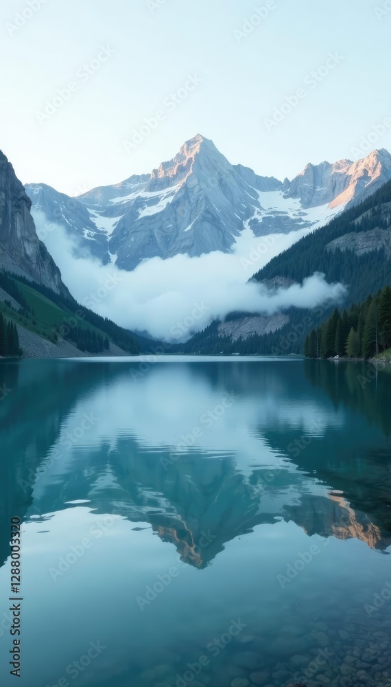 Dense fog rolling in along the lake's calm surface, natural, mountains, morning Dense fog rolling in along the lake's calm surface, natural, mountains, morning