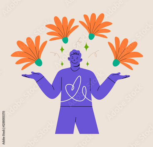 Man happy and feeling free. Freedom. Calm and peaceful concept. Colorful vector illustration