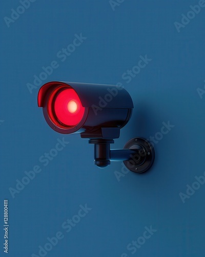 A sleek black surveillance camera with a glowing red light mounted on a blue wall, symbolizing security and vigilance.