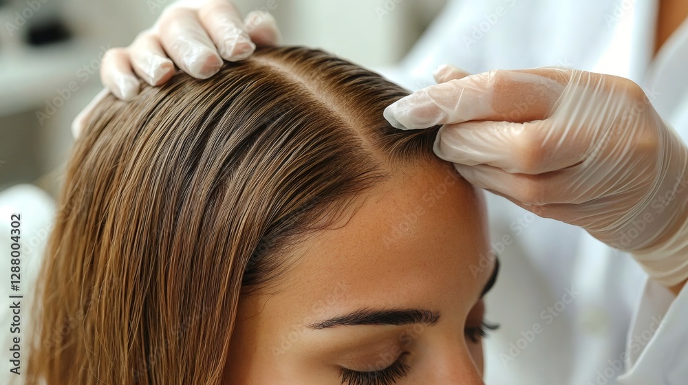 Fototapeta premium Doctor examining patient's scalp for hair loss treatment