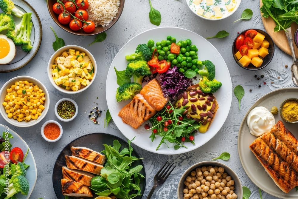 A colorful spread of healthy foods including salmon, vegetables, grains, and salads arranged on a table, promoting a nutritious diet. A colorful spread of healthy foods including salmon, vegetables, grains, and salads arranged on a table, promoting a nutritious diet.