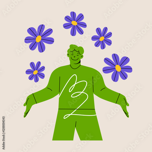 Man happy and feeling free. Freedom. Calm and peaceful concept. Colorful vector illustration