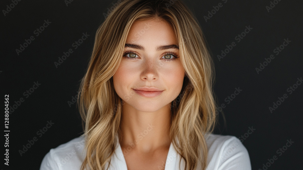 A close-up portrait of a smiling woman with long, wavy hair and a white shirt against a dark background. She exudes confidence and warmth, making this image ideal for various uses. A close-up portrait of a smiling woman with long, wavy hair and a white shirt against a dark background. She exudes confidence and warmth, making this image ideal for various uses.