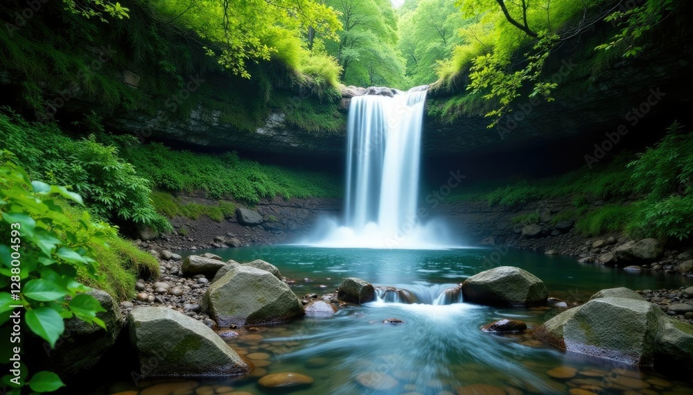 Naklejka premium Dense foliage surrounds a serene waterfall cascading into a rocky stream, landscape, cascade