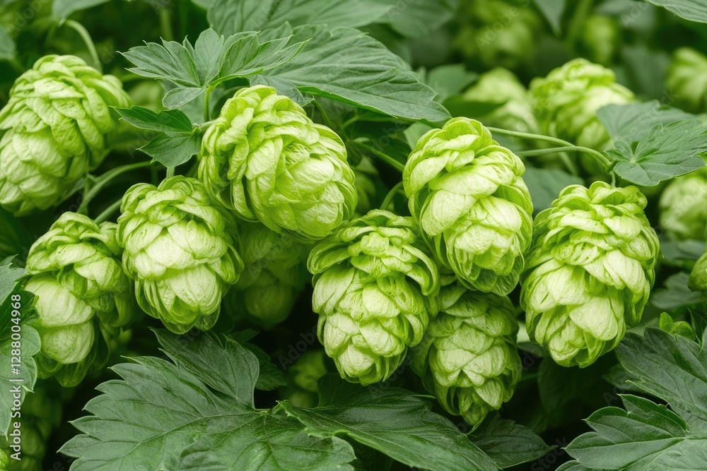 Fresh green hop cones with vibrant leaves, showcasing the beauty of nature in a lush garden setting, perfect for agricultural and brewing themes. Fresh green hop cones with vibrant leaves, showcasing the beauty of nature in a lush garden setting, perfect for agricultural and brewing themes.