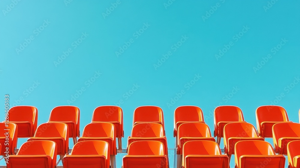 Fototapeta premium Repeating pattern of orange stadium seats under a bright blue sky, emphasizing structure and symmetry.