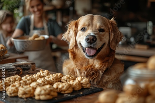 A family baking pet-friendly treats in their kitchen with a curious dog watching. Generative AI photo