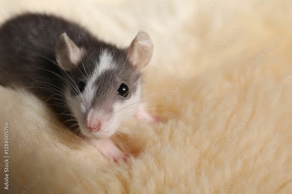 Adorable little rat on faux fur, closeup. Space for text Adorable little rat on faux fur, closeup. Space for text